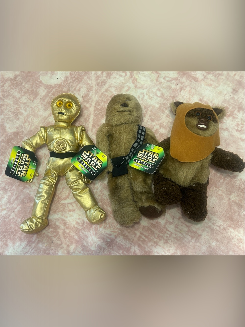 Vintage 1997 Star Wars Plush Trio — Gold C-3PO, Brown Chewbacca & Brown Ewok